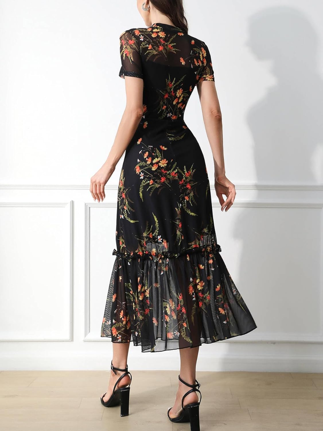 Dark Floral Mesh Ruffle Maxi Summer Dress Wedding Guests - Image 2