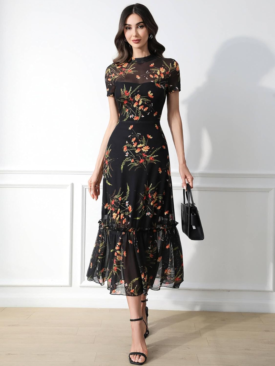 Dark Floral Mesh Ruffle Maxi Summer Dress Wedding Guests - Image 4