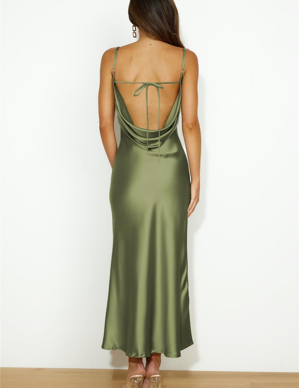 Satin Cowl Neck Backless Midi Cocktail Dress Women - Image 2