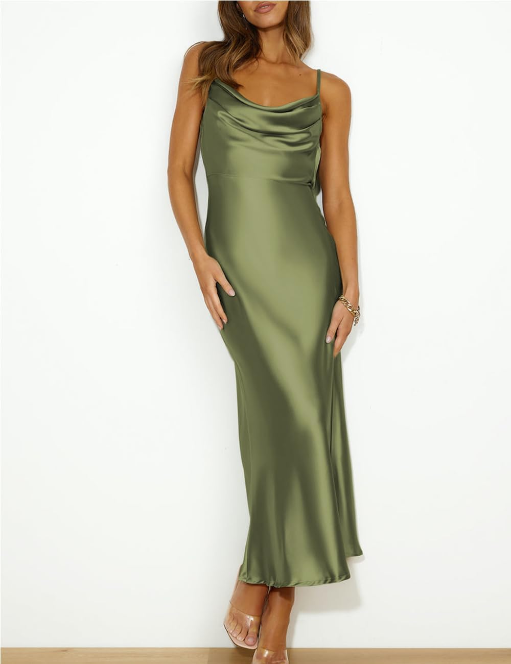 Satin Cowl Neck Backless Midi Cocktail Dress Women - Image 3