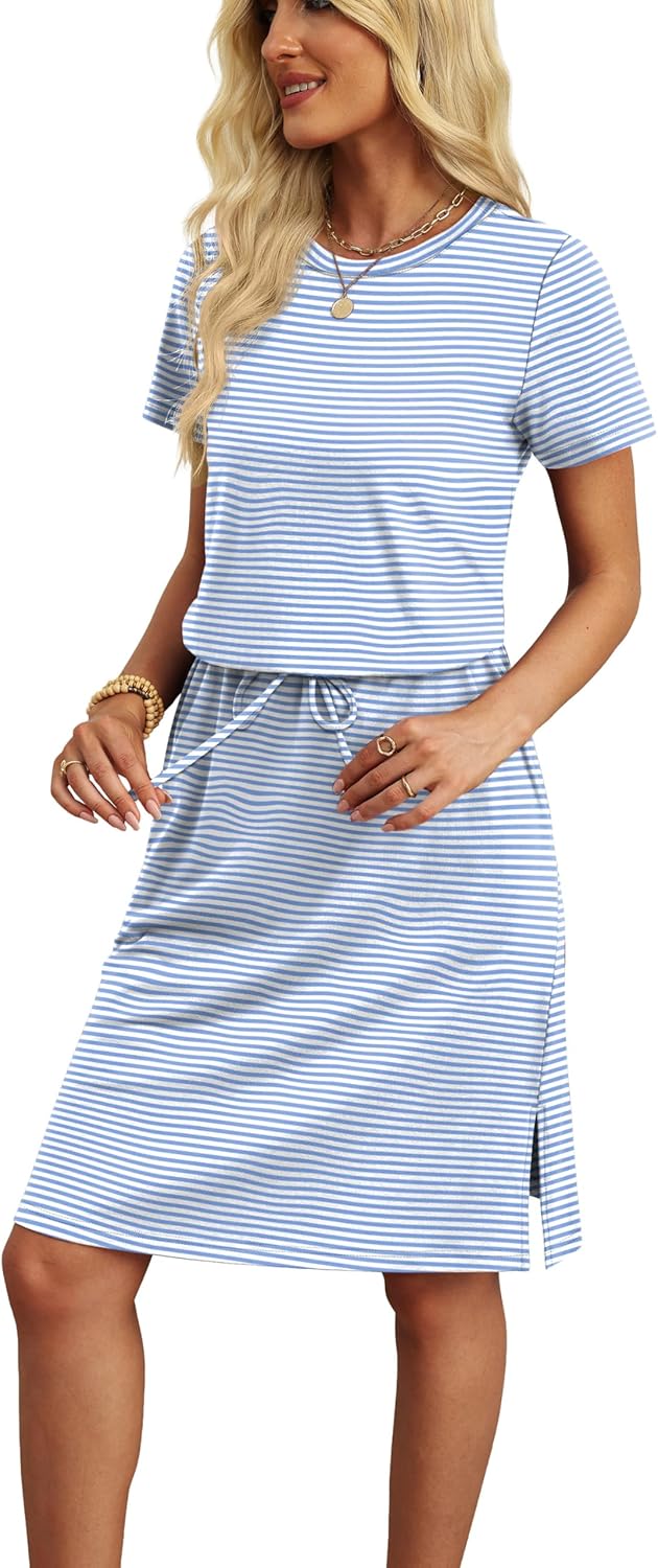 OFEFFAN Womens Summer T-Shirt Sundress Tie Waist Pkts - Image 2