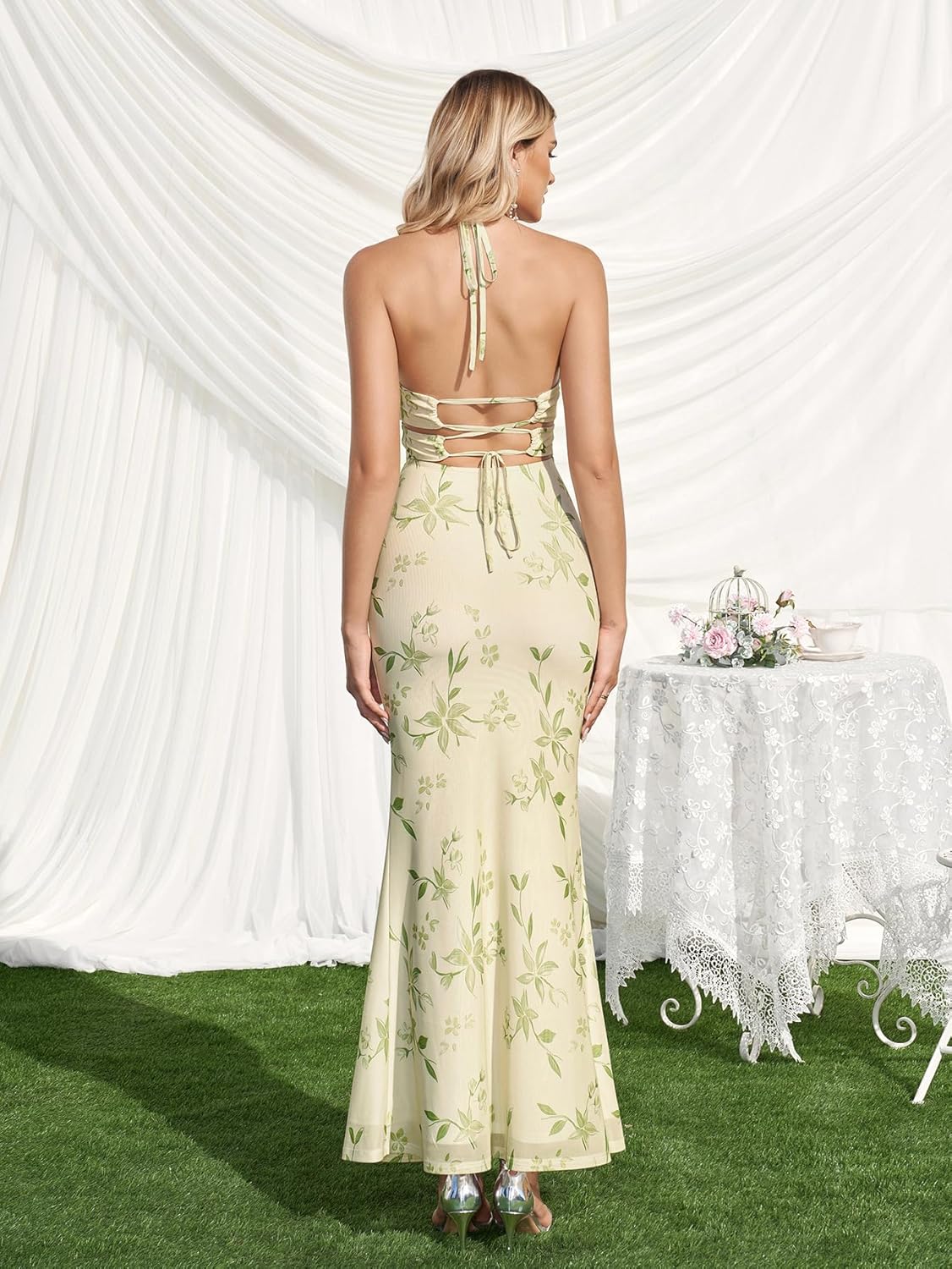 Women's Backless V-Neck Floral Maxi Wedding Guest - Image 2