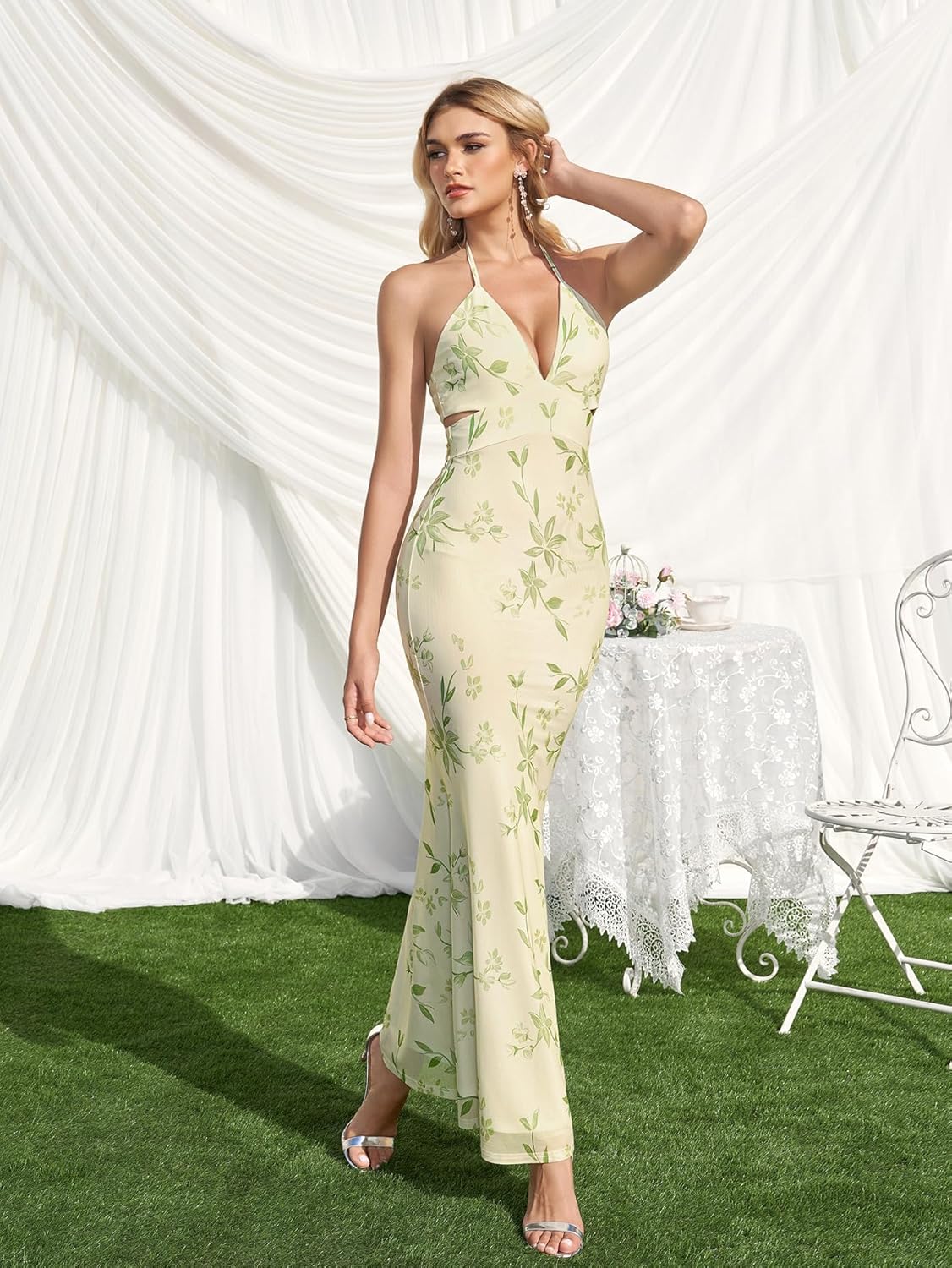 Women's Backless V-Neck Floral Maxi Wedding Guest - Image 3