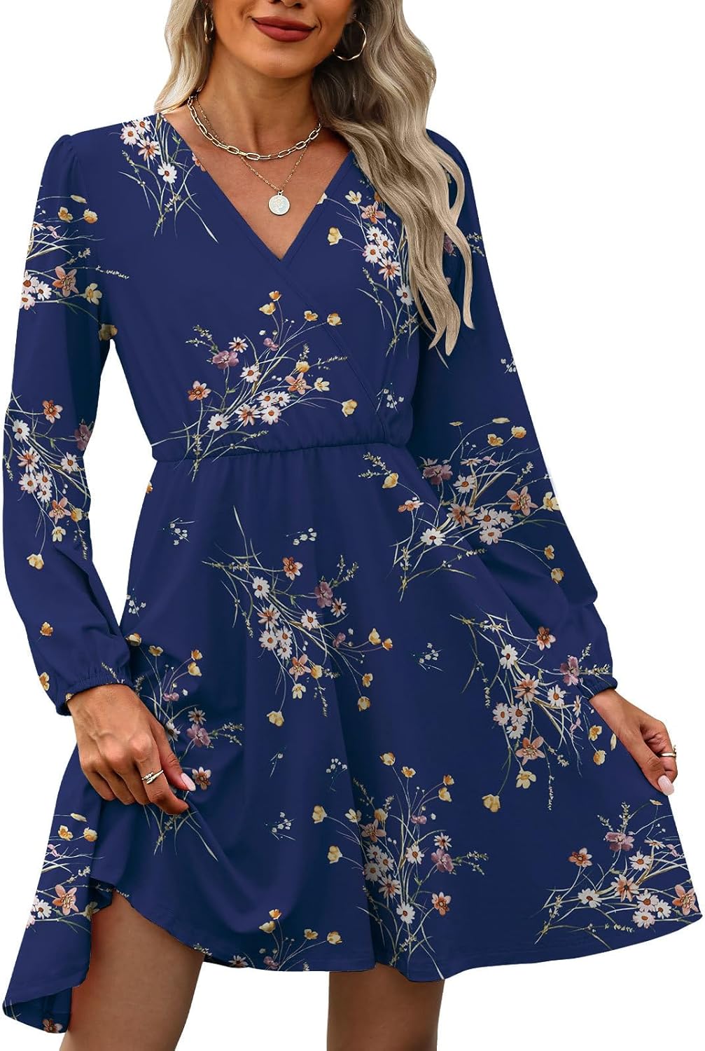 Womens 2025 Floral V-Neck Long-Sleeve Fall Dresses - Image 4
