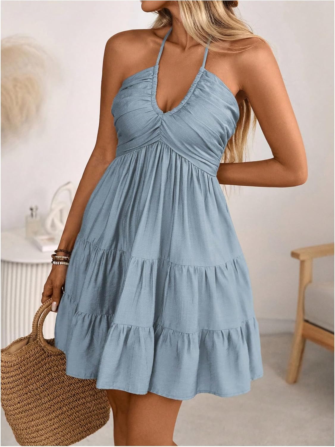 SOLY HUX Summer Halter Backless A-Line Mini Sundress - Image 3