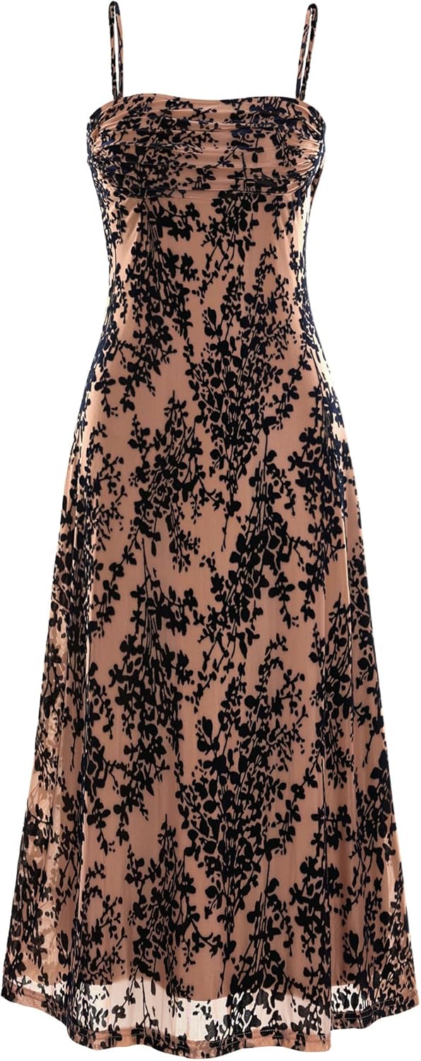 BTFBM Women's Summer Dress Sleeveless Spaghetti Strap Midi Dress Sexy Cowl Neck Floral Cocktail Dress Party Dresses