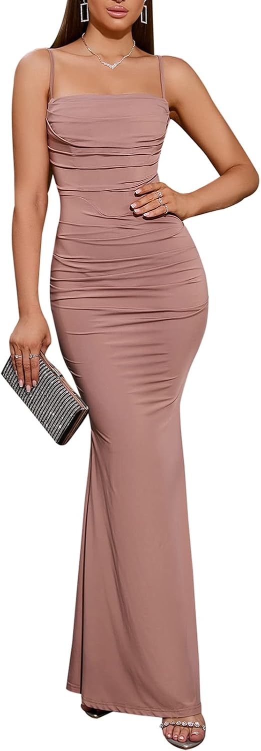 EYNMIN Women's Sleeveless Bodycon Corset Maxi Dress Spaghetti Strap Ruched Elegant Evening Wedding Guest Long Formal Dresses