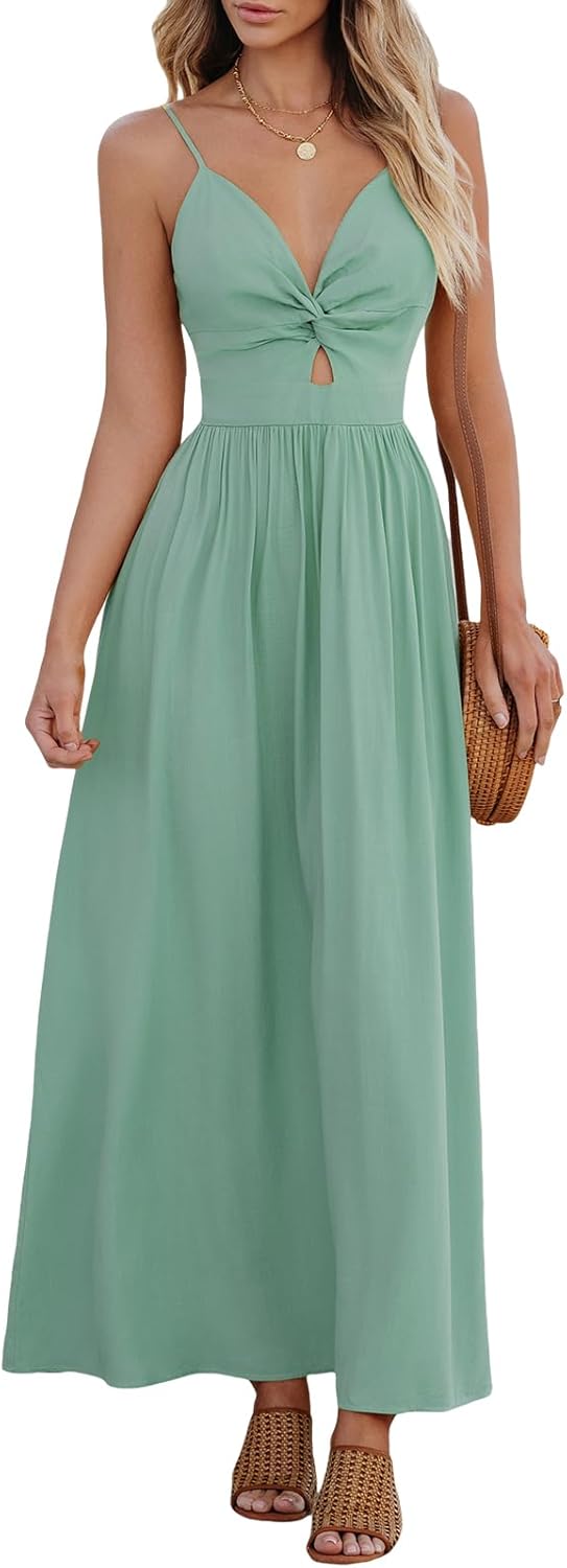 CUPSHE Women Casual Dress Beach Sleeveless V Neck Summer Cutout Spaghetti Straps Formal Maxi Sun Dresses