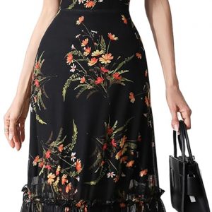 GothDark Women's Summer Floral Mesh Ruffle Dress Short Sleeve Round Neck Waist Cinched Casual Maxi Wedding Guest Dresses