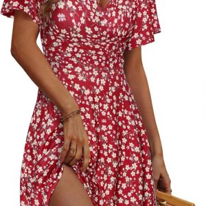 FENSACE Womens Sundress Summer Floral Short Sleeve Wrap V Neck A-Line Midi Dress