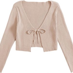 Floerns Women's Tie Front Long Sleeve Rib Knit Shrug Sweaters Cardigan Crop Top