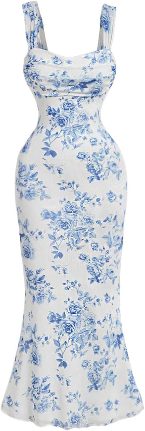 GORGLITTER Women's Floral Summer Wedding Guest Dress Ruched Cocktail Party Bridal Shower Formal Beach Midi Sun Dresses