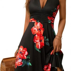 HUHOT Women's Summer Sundress Sleeveless Halter Neck Spring 2026 Floral with Pocket Elastic Waist Ruffle Mini Dresses