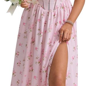 KUTUMAI Floral Corset Midi Dress Flowy Slit Summer Spring Wedding Guest Dresses for Women Sundress with Pockets