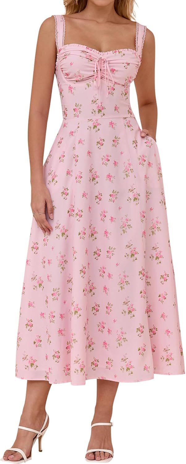 KUTUMAI Floral Corset Midi Dresses for Women 2026 Lace Up Flowy Summer Wedding Guest Dress with Pockets
