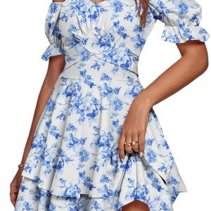 LYANER Women's Tie Back Off Shoulder Wrap Layer Ruffle A Line Short Sleeve Casual Mini Dress