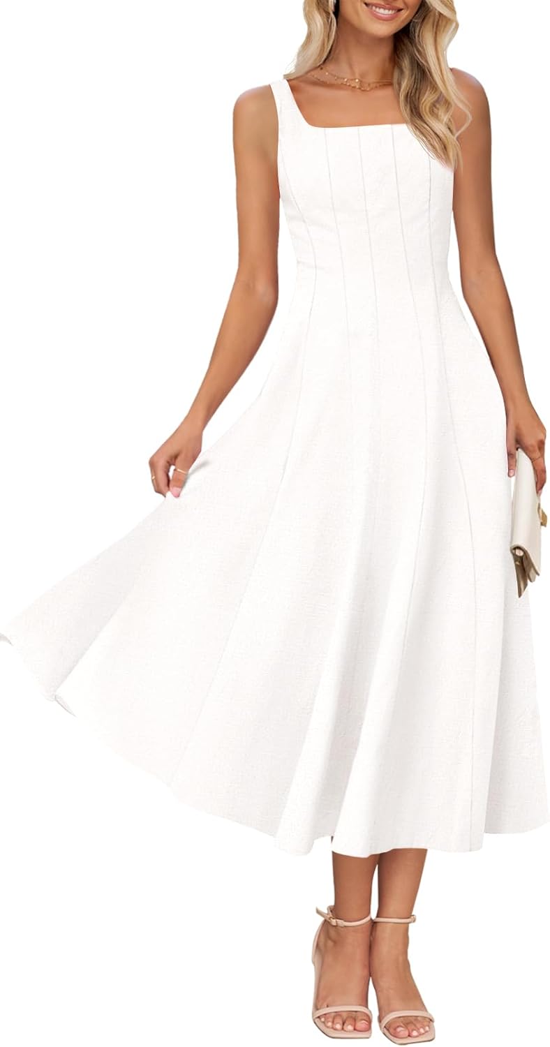 MEROKEETY Women's 2026 Summer Sleeveless Midi Dress Square Neck Smocked Flowy A Line Beach Dresses
