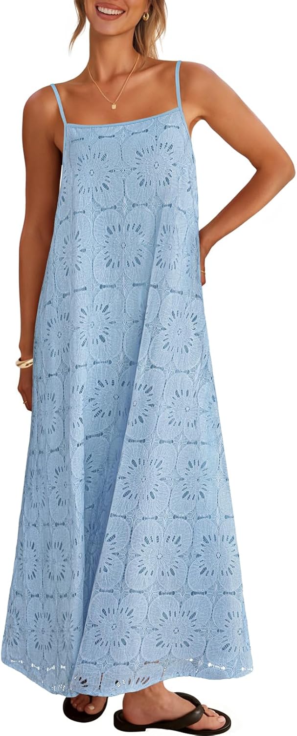 MEROKEETY Women's Summer Spaghetti Straps Sundress 2026 Casual Sleeveless Floral Lace Eyelet Boho Beach Maxi Dress