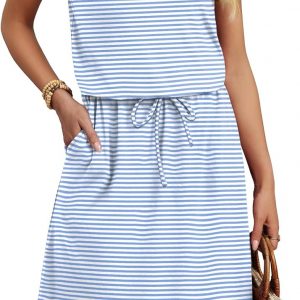 OFEEFAN Womens Summer Dresses Fashion Short Sleeve Crew Neck T Shirt Sundresses Casual Tie Waist with Pockets