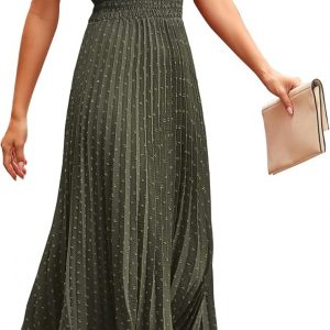 PRETTYGARDEN Women's Midi Summer Dresses Casual V Neck Swiss Dot Ruffle Sleeveless A Line Beach Sun Dress