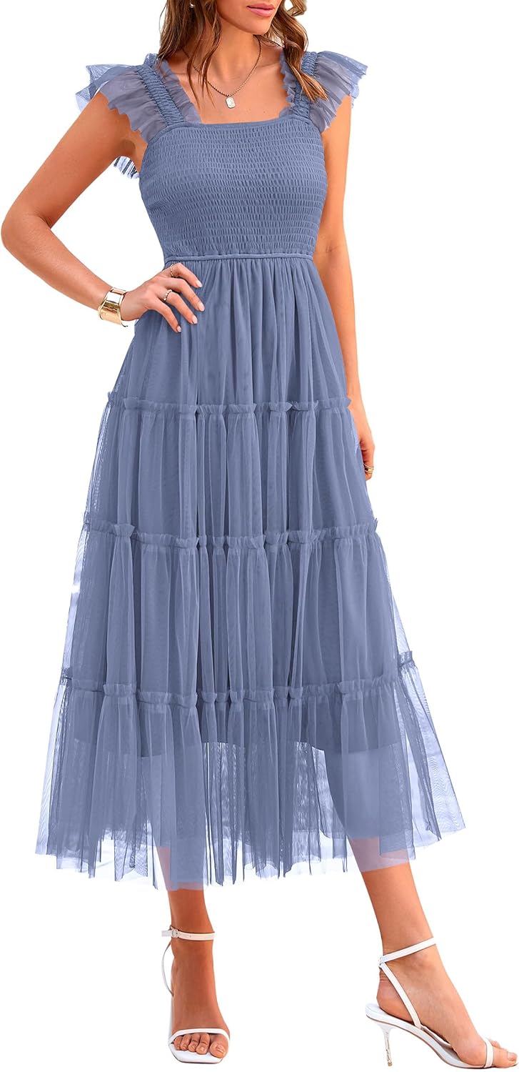 PRETTYGARDEN Women's Summer Tulle Midi Dress Sleeveless Smocked Ruffle Flowy Mesh Dresses Party Wedding Guest Sundress
