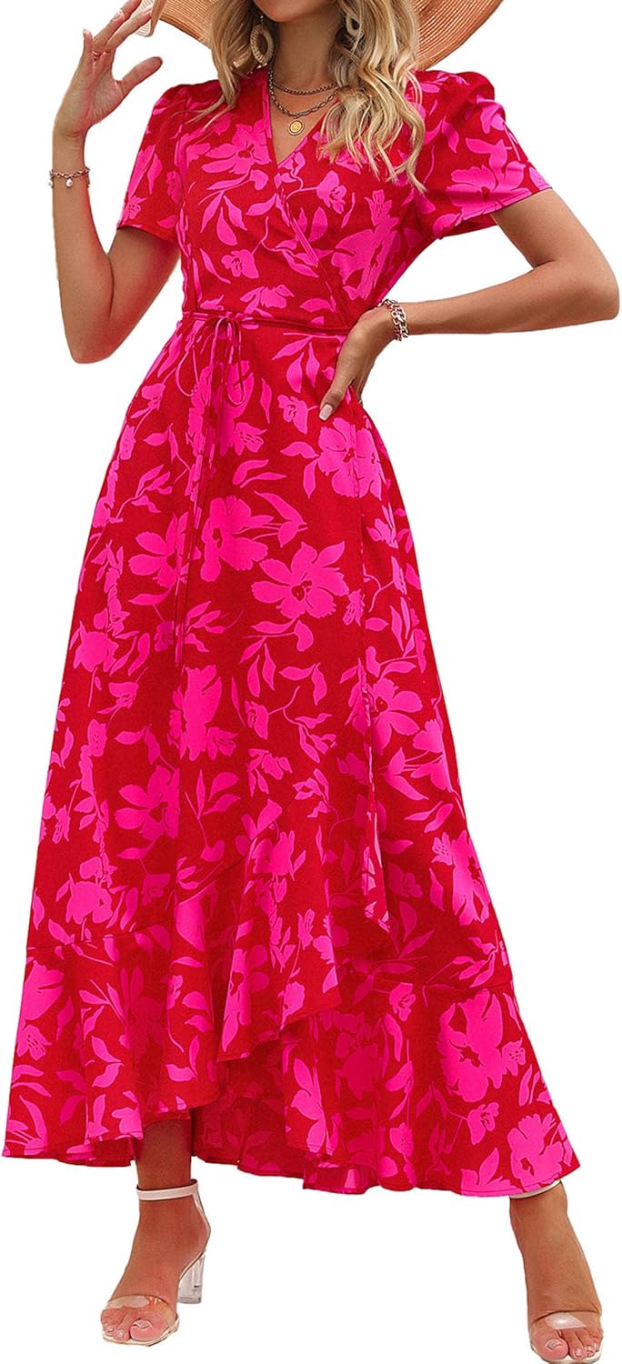 PRETTYGARDEN Women's Boho Floral Maxi Dress Summer Short Sleeve Wrap V Neck Long Flowy Beach Vacation Wedding Guest Dresses