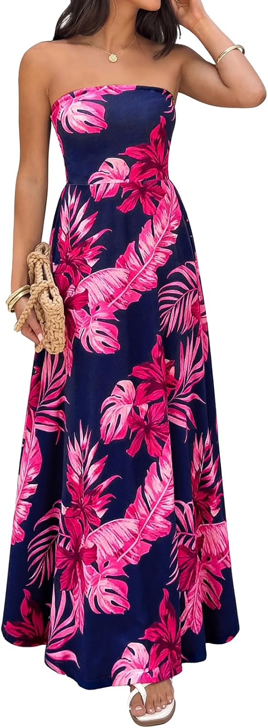 PRETTYGARDEN Sleeveless Floral Summer Maxi Dresses for Women 2026 Tube Top Flowy Long Dress Tropical Beach Vacation Clothes