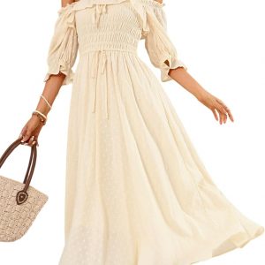 R.Vivimos Women Summer Half Sleeve Cotton Ruffled Vintage Elegant Backless A Line Flowy Long Dresses