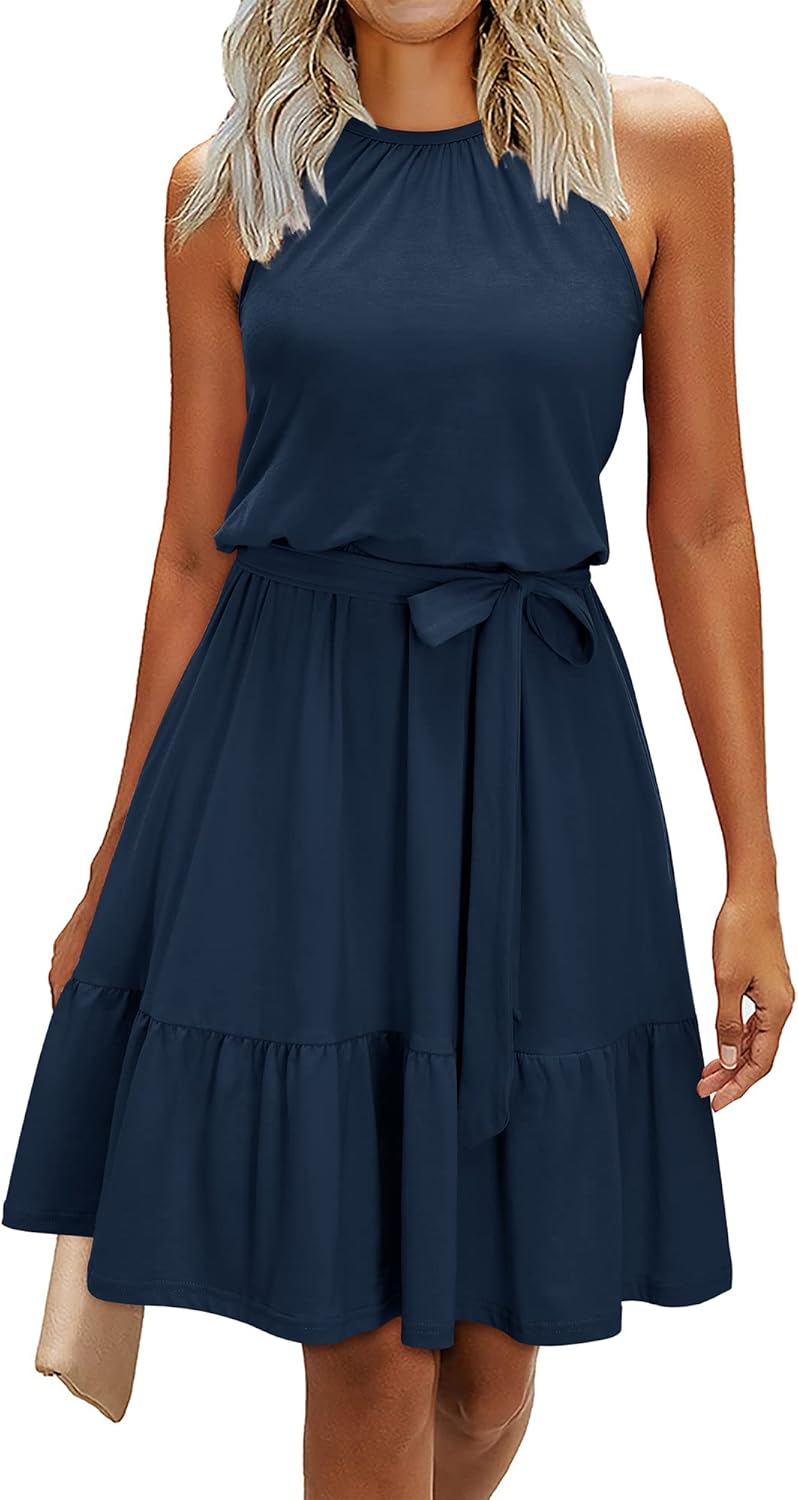 Newshows Womens 2026 Summer Dress Halter Wedding Guest Casual Beach Vacation Outfits Belted Sundresses with Pockets