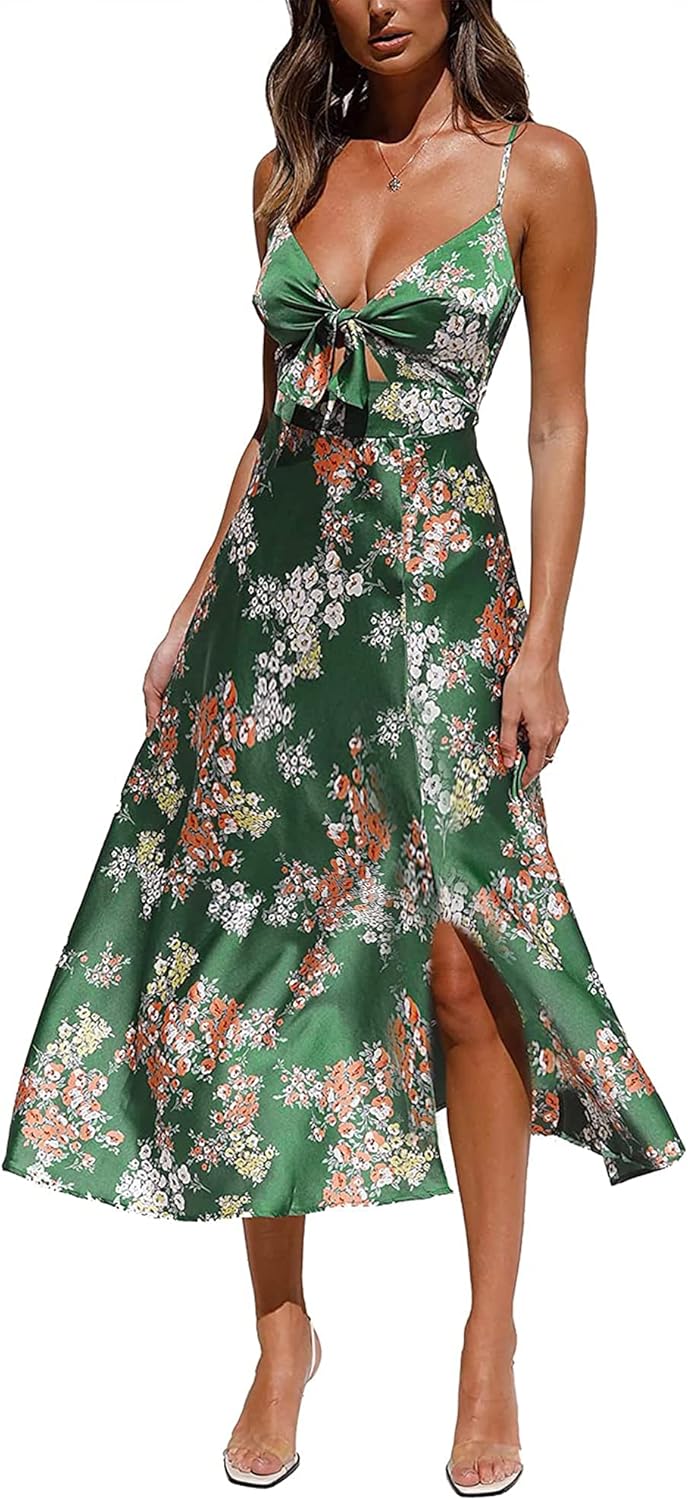 Fashionme Women Spaghetti Strap Midi Satin Dresses Tie Front Backless Slit Cutout Dress Semi-Formal/Casual Flowy Lightweight