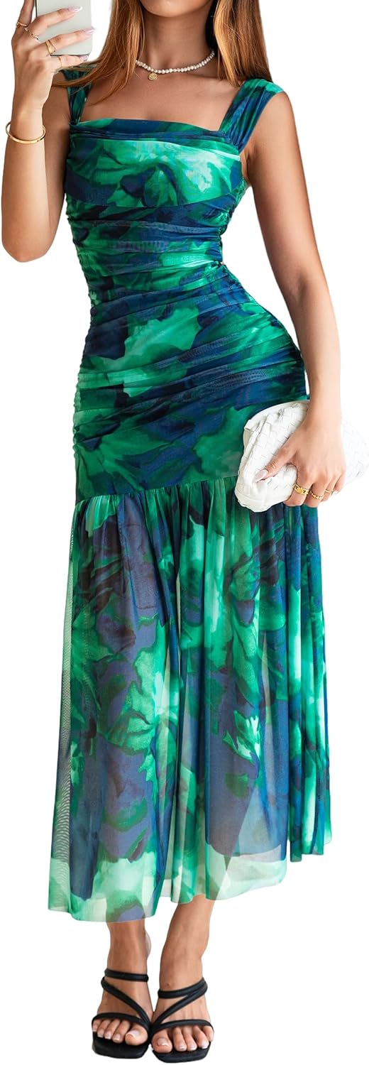 BerryGo Womens Summer Off Shoulder Maxi Dress Ruched Formal Wedding Guest Bodycon Floral Flowy Cocktail Elegant Dresses