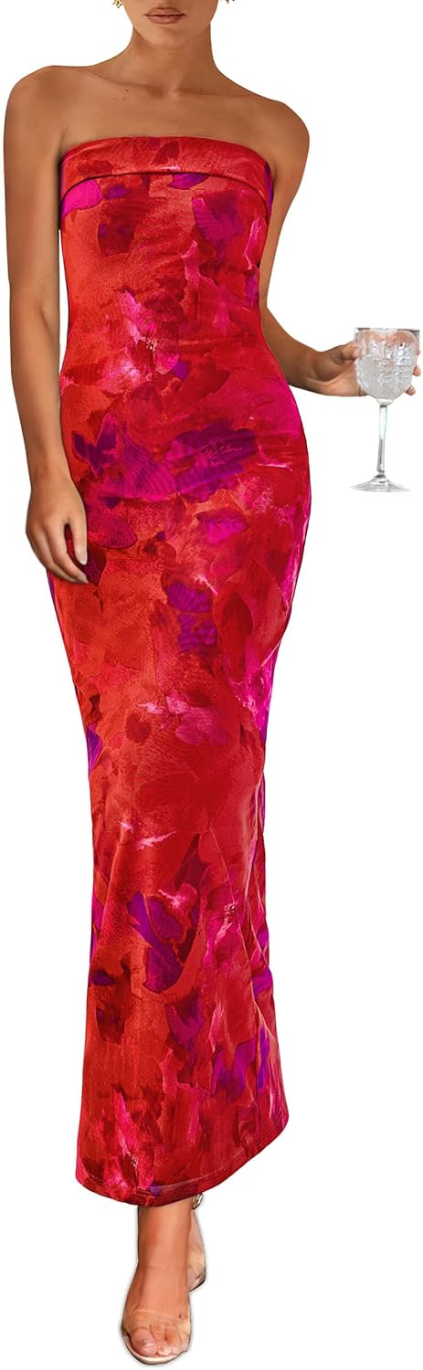 PRETTYGARDEN Womens Summer Printed Tube Maxi Dress Strapless Bodycon Sleeveless Long Beach Vacation Dresses