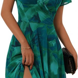 ZABERRY Womens Dresses 2026 Summer Spring Wrap V Neck Floral Elastic Mesh Elegant Knee Length Dress