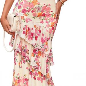 ZESICA Women's Summer Floral Bodycon Maxi Dress 2026 Square Neck Mesh Ruffle Elegant Cocktail Wedding Party Long Dresses