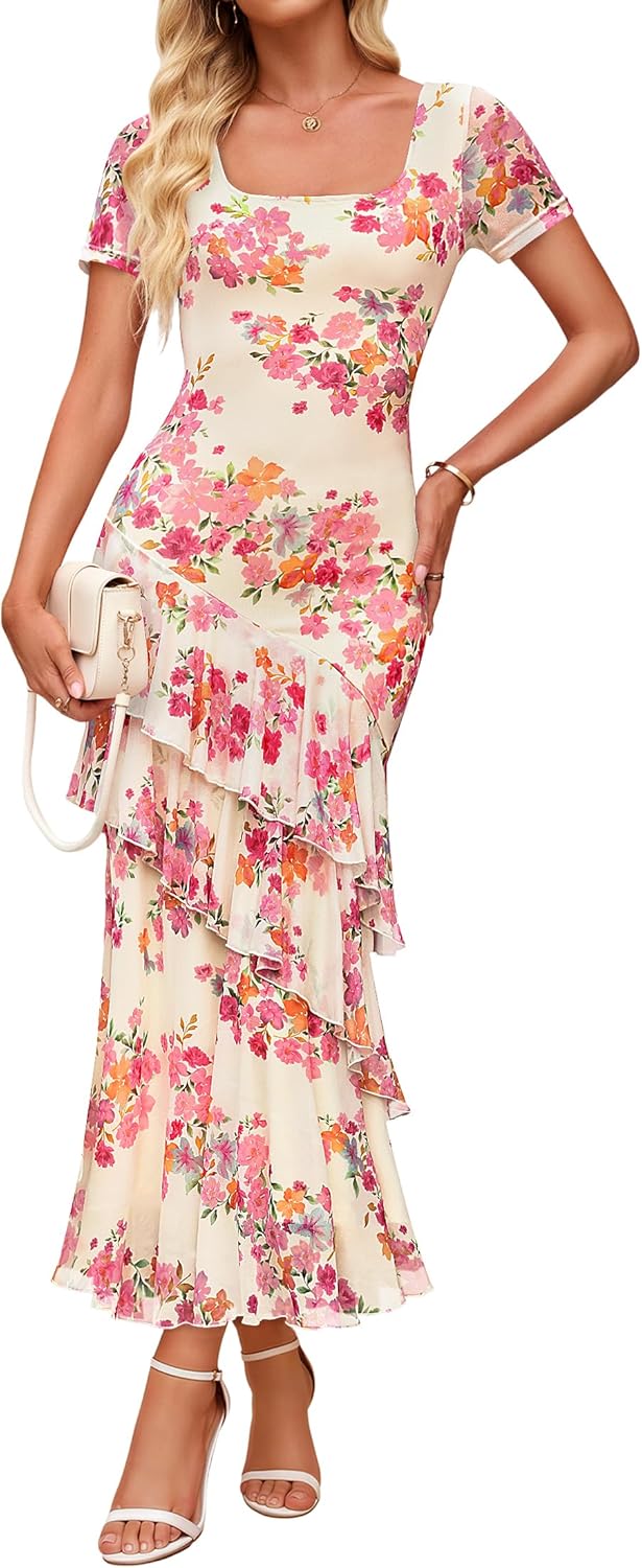 ZESICA Women's Summer Floral Bodycon Maxi Dress 2026 Square Neck Mesh Ruffle Elegant Cocktail Wedding Party Long Dresses