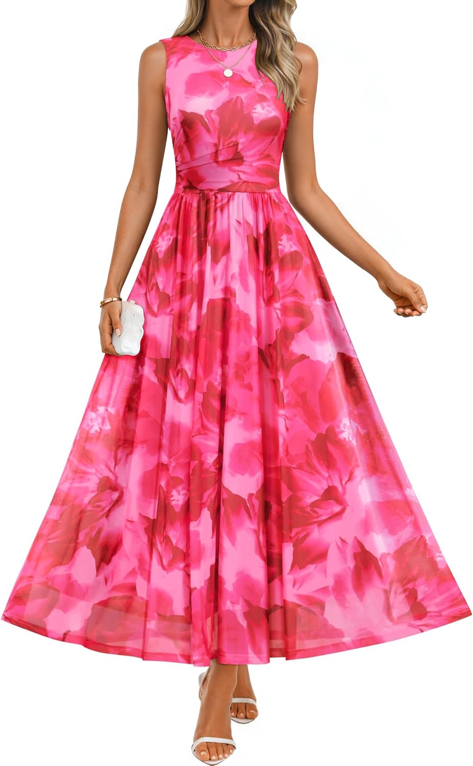 ZESICA Women's Summer Sleeveless Floral Maxi Dress 2026 Casual Crewneck Mesh A Line Flowy Boho Beach Party Long Dresses