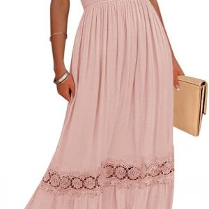ZESICA Women's 2026 Summer Lace Strap Sleeveless Square Neck Smocked High Waist Ruffle Hollow Out Flowy A Line Maxi Dress