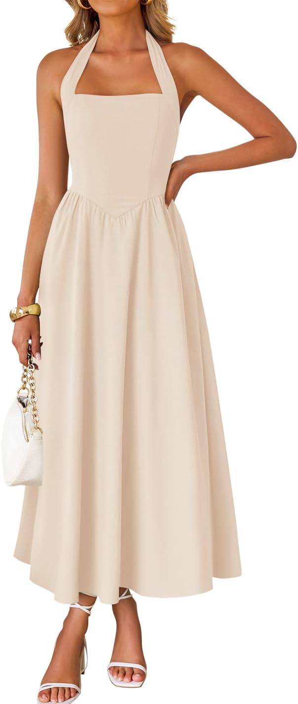 ZESICA Women's Summer Sleeveless Halter Midi Dress 2026 Off Shoulder High Waist Flowy Formal Wedding Guest Long Dresses