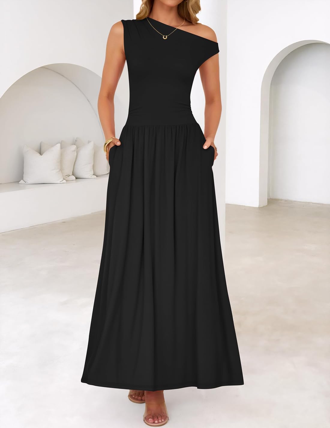 <p><strong>ZESICA Womens Maxi Summer Dress One Shoulder Pockets</strong></p> - Image 2
